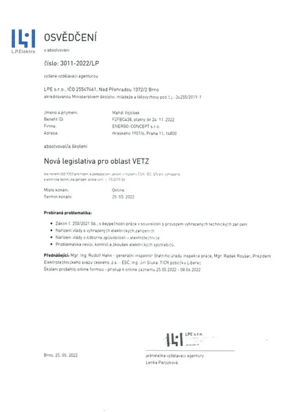 Osvědčení – legislativa VTZ