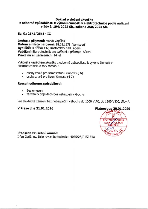 Osvědčení dle nařízení vlády č. 194
